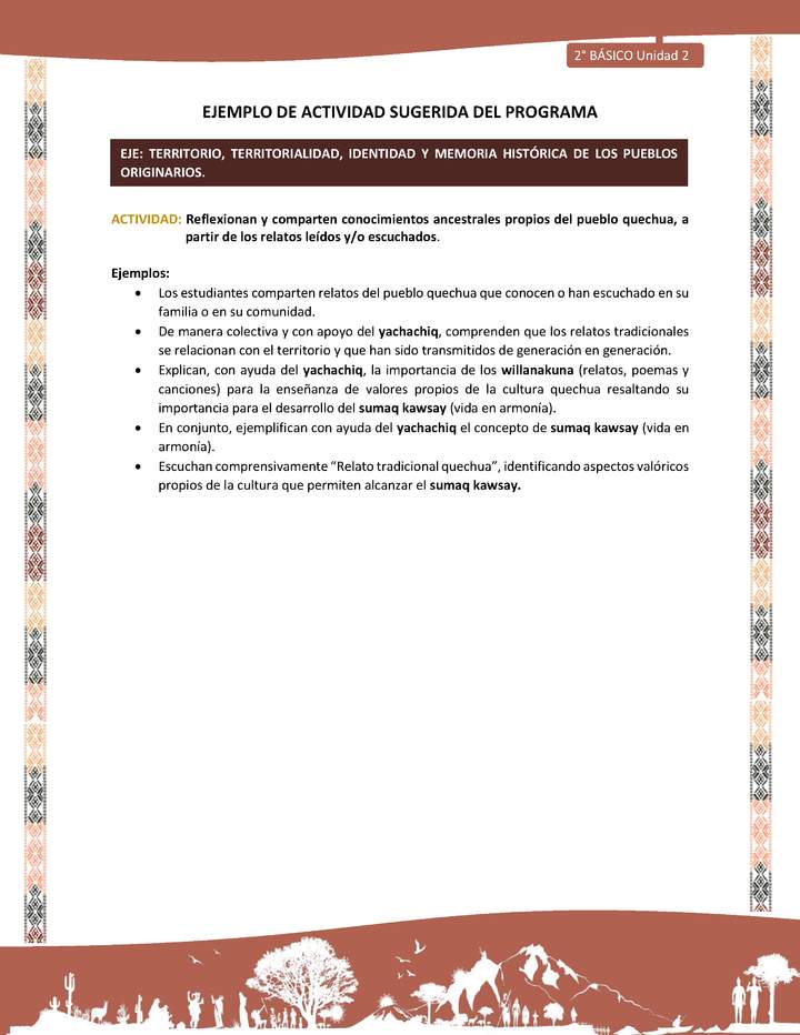 Actividad sugerida LC02 - Quechua - U2 - N°9: Reflexionan y comparten conocimientos ancestrales propios del pueblo quechua, a partir de los relatos leídos y/o escuchados.