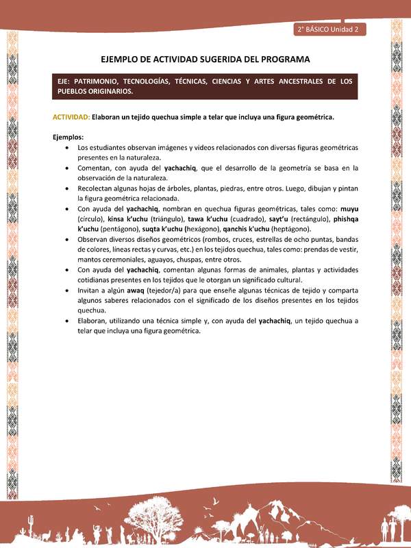 Actividad sugerida LC02 - Quechua - U2 - N°14: Elaboran un tejido quechua simple a telar que incluya una figura geométrica.