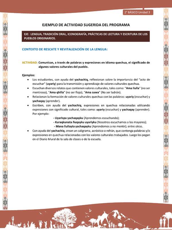 Actividad sugerida LC02 - Quechua - U3 - N°4: Comunican, a través de palabras y expresiones en idioma quechua, el significado de algunos valores culturales del pueblo.