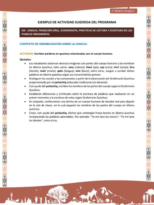 Actividad sugerida LC02 - Quechua - U3 - N°1: Escriben palabras en quechua relacionadas con el cuerpo humano.