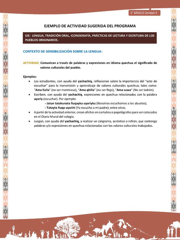 Actividad sugerida LC02 - Quechua - U3 - N°2: Comunican a través de palabras y expresiones en idioma quechua el significado de valores culturales del pueblo.