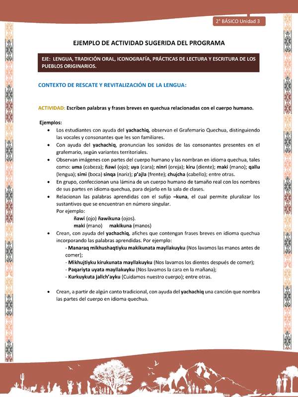 Actividad sugerida LC02 - Quechua - U3 - N°3: Escriben palabras y frases breves en quechua relacionadas con el cuerpo humano.