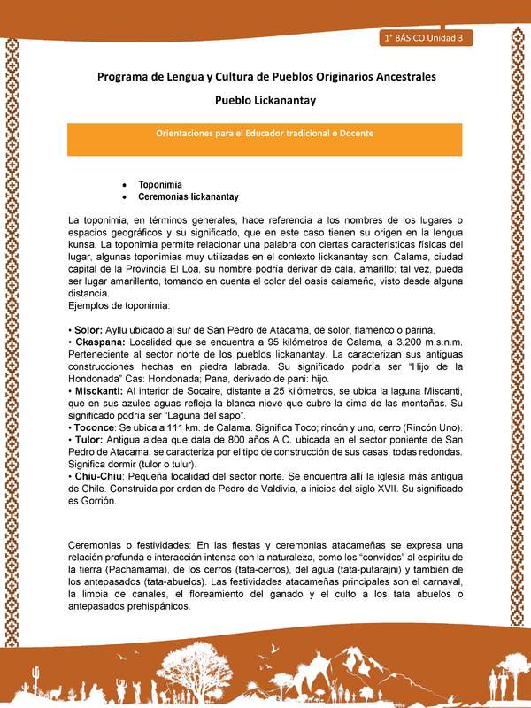 Orientaciones al docente - LC01 - Lickanantay - U3 - Toponimia, Ceremonias lickanantay