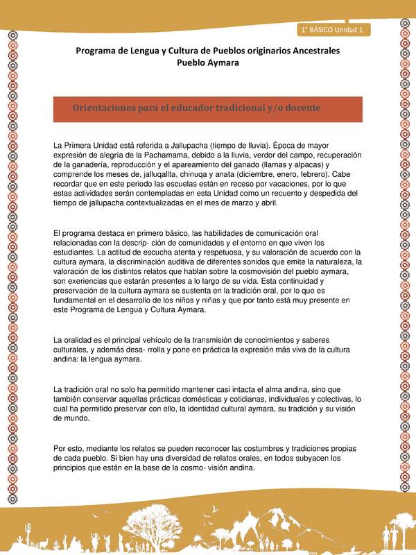 Orientaciones al docente - LC01 - Aymara - U01 - Introducción