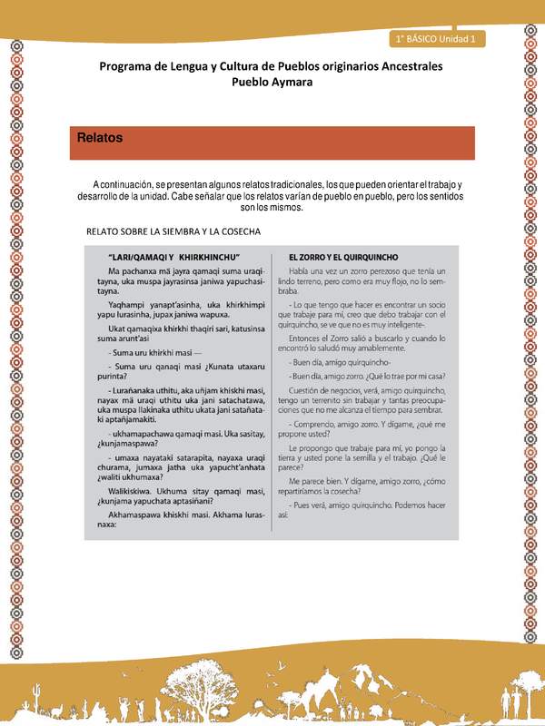 Orientaciones al docente - LC01 - Aymara - U01 - Relato sobre la siembra y la cosecha
