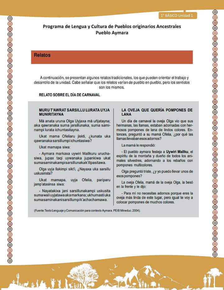 Relato sobre el día de carnaval - Lengua y cultura de los pueblos Originarios Ancestrales 1º básico - Pueblo Aymara - Unidad 1