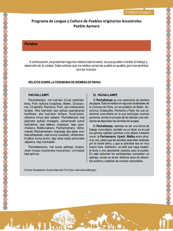 Relato sobre ceremonia de siembra de papas - Lengua y cultura de los pueblos Originarios Ancestrales 1º básico - Pueblo Aymara - Unidad 1