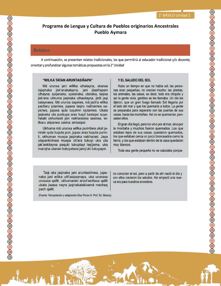 Relato Y el saludo del sol - Lengua y cultura de los pueblos Originarios Ancestrales 1º básico -  Aymara - Unidad 2