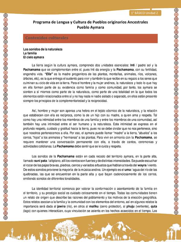 Contenidos culturales - Lengua y cultura de los pueblos Originarios Ancestrales 1º básico -  Aymara - Unidad 2