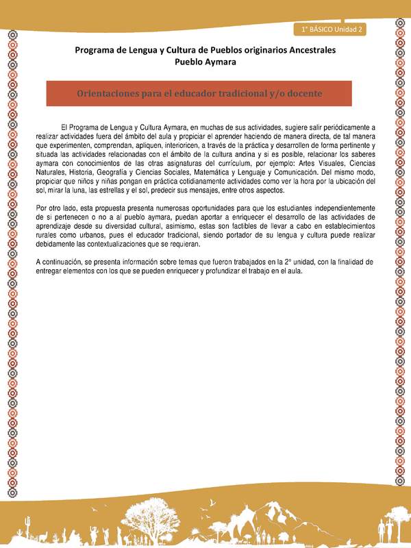 Orientaciones - Lengua y cultura de los pueblos Originarios Ancestrales 1º básico -  Aymara - Unidad 2