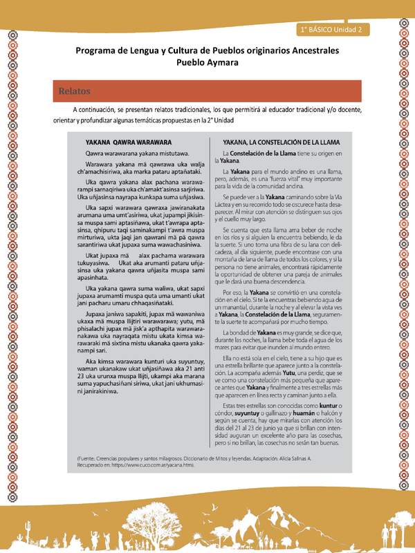 Relato Yakana, la constelación de la llama - Lengua y cultura de los pueblos Originarios Ancestrales 1º básico -  Aymara - Unidad 2