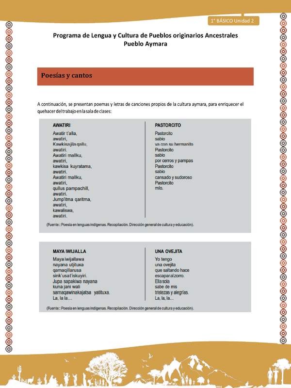 Poesías y cantos - Lengua y cultura de los pueblos Originarios Ancestrales 1º básico -  Aymara - Unidad 2