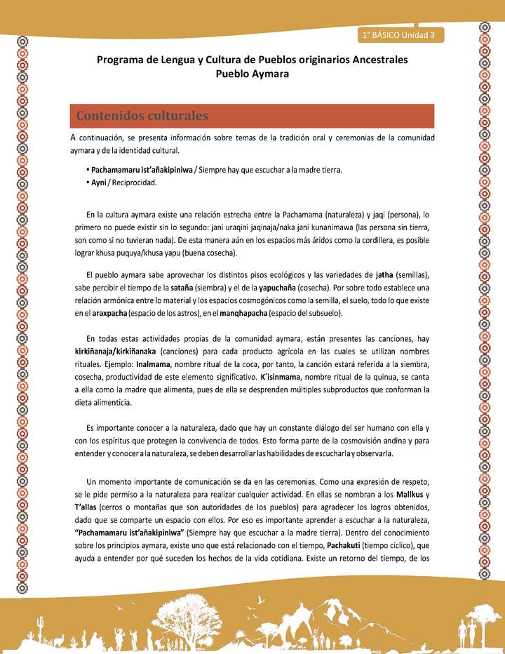 Contenidos culturales - Lengua y cultura de los pueblos Originarios Ancestrales 1º básico -  Aymara - Unidad 3