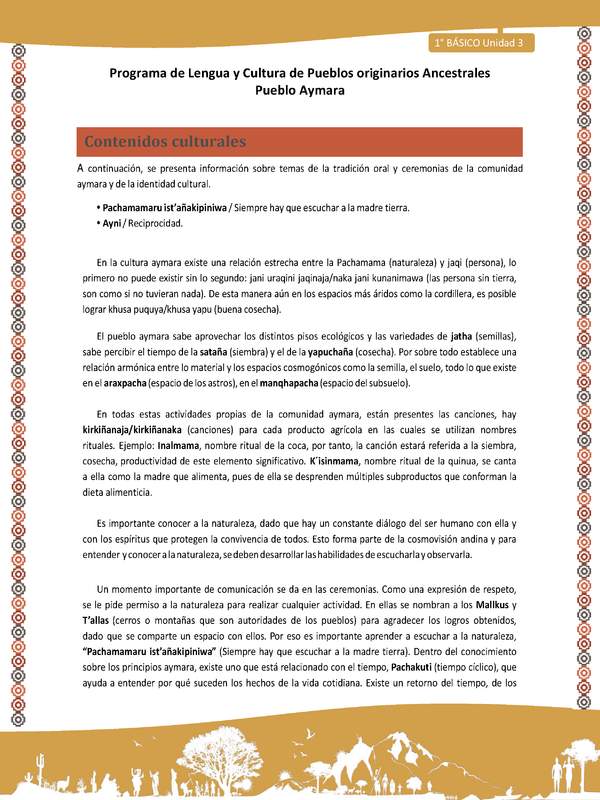 Contenidos culturales - Lengua y cultura de los pueblos Originarios Ancestrales 1º básico -  Aymara - Unidad 3