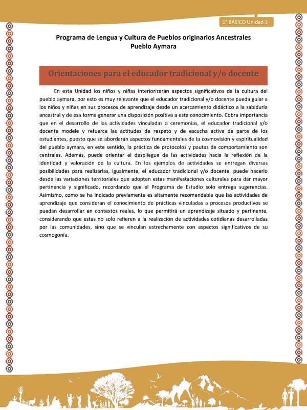 Orientaciones - Lengua y cultura de los pueblos Originarios Ancestrales 1º básico -  Aymara - Unidad 3