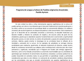 Orientaciones - Lengua y cultura de los pueblos Originarios Ancestrales 1º básico -  Aymara - Unidad 3