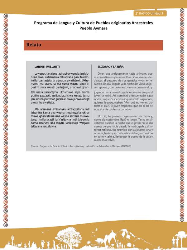 Relato El zorro y la niña - Lengua y cultura de los pueblos Originarios Ancestrales 1º básico -  Aymara - Unidad 3
