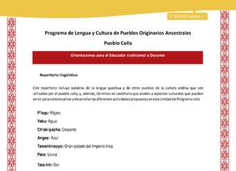 Orientaciones al docente - LC02 - Colla - U2 - Repertorio lingüístico
