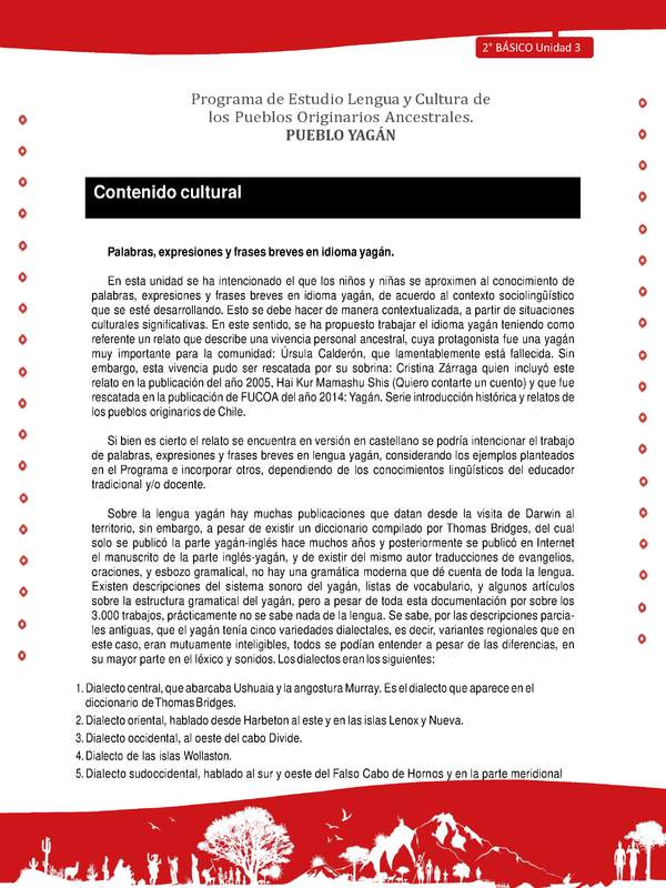 Contenido cultural: Palabras, expresiones y frases breves en idioma yagán