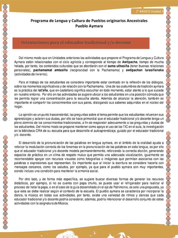 Orientaciones al docente - LC02 - Aymara - U04 - Introducción