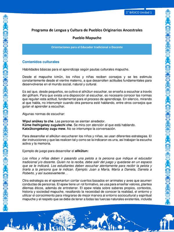 Orientaciones al docente - LC01 - Mapuche - U1 - Contenidos culturales