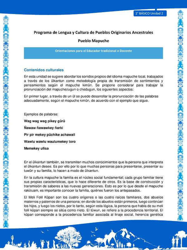 Orientaciones al docente - LC01 - Mapuche - U2 - Contenidos culturales