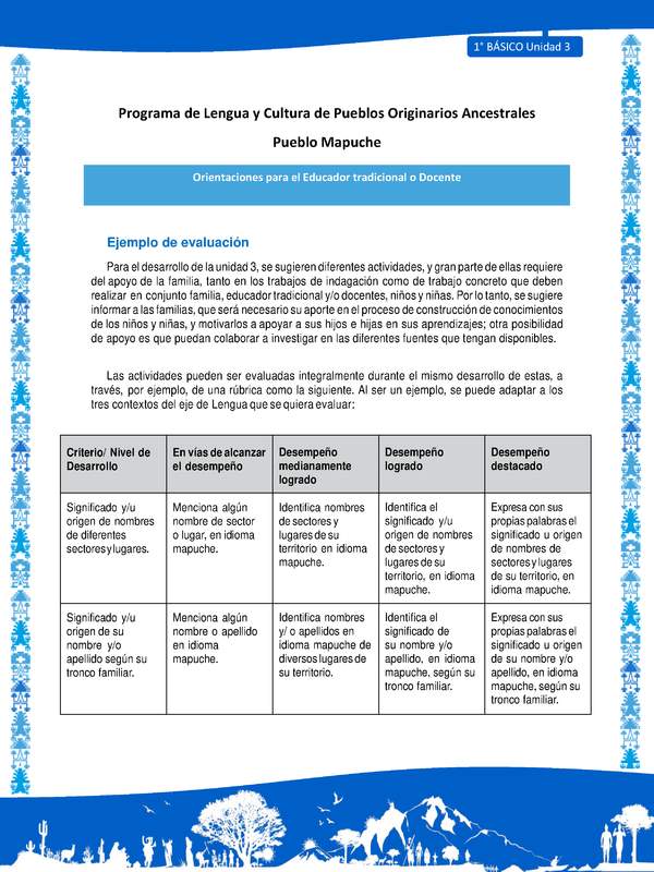 Orientaciones al docente - LC01 - Mapuche - U3 - Ejemplo de evaluación
