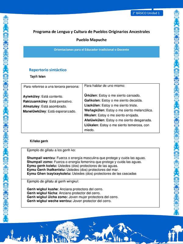 Orientaciones al docente - LC02 - Mapuche - U1 - Repertorio sintáctico