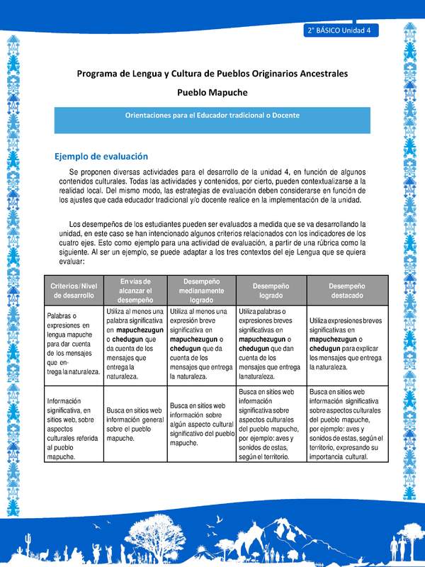 Orientaciones al docente - LC02 - Mapuche - U4 - Ejemplo de evaluación