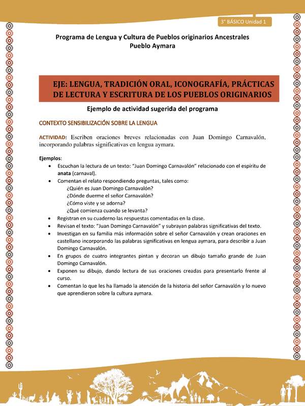 01-Actividad Sugerida LC03 U01-LS01-Escriben oraciones   breves   relacionadas   con   Juan   Domingo   Carnaval+¦n, incorporando palabras significativas en lengua aymara.