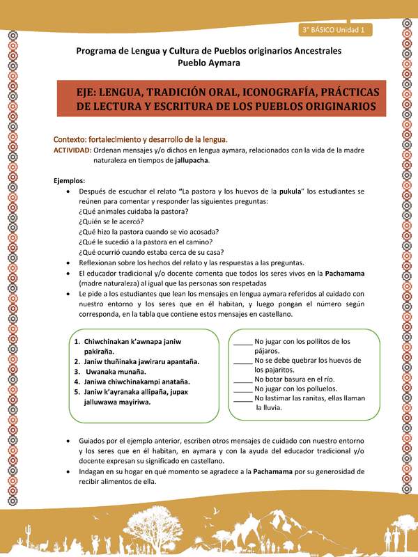 06-Actividad Sugerida LC03 U01-LF01-Ordenan mensajes y o dichos en lengua aymara, relacionados con la vida de la madre naturaleza en tiempos de jallupacha.