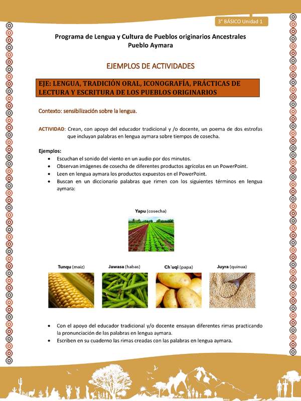 03-Actividad Sugerida LC03-U02-LS02-Crean, con apoyo del educador tradicional y /o docente, un poema de dos estrofas que incluyan palabras en lengua aymara sobre tiempos de cosecha.