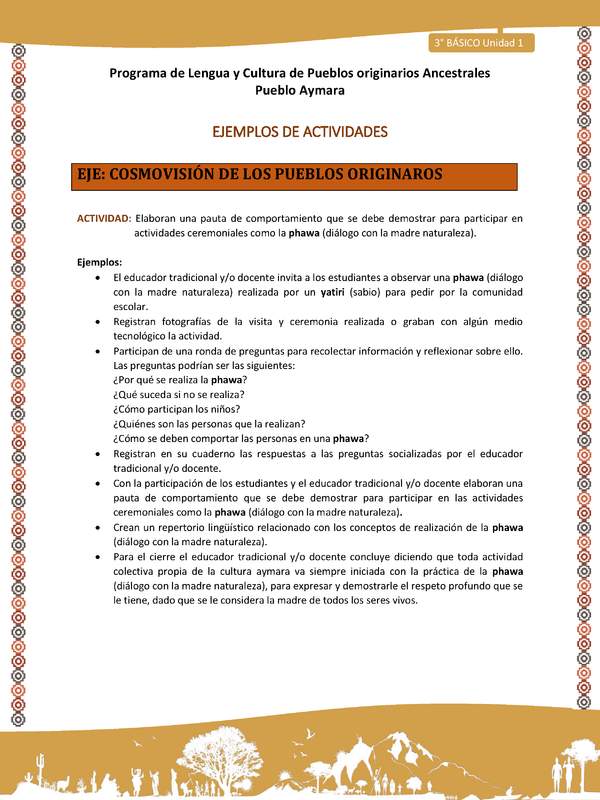14-Actividad Sugerida LC03-U02-OA11-Elaboran una pauta de comportamiento que se debe demostrar para participar en actividades ceremoniales como la phawa (diálogo con la madre naturaleza).