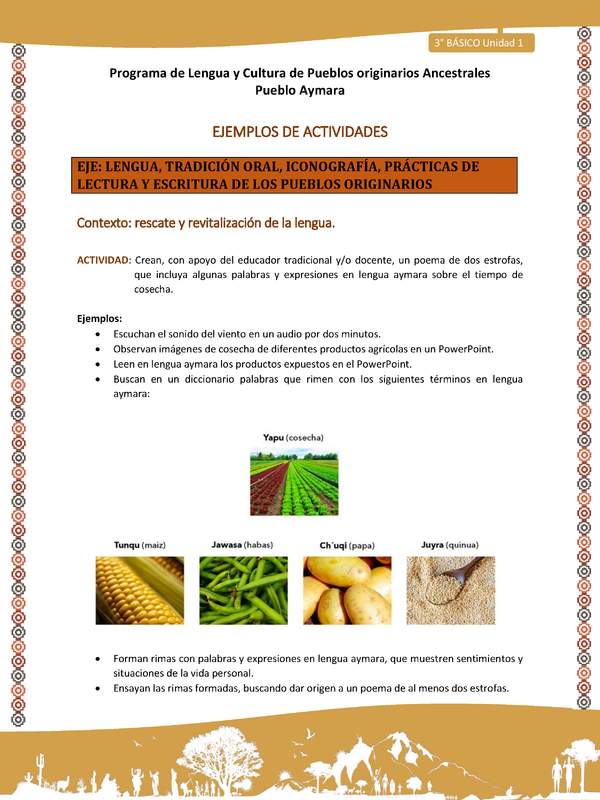 06-Actividad Sugerida LC03-U02-LR02-Crean, con apoyo del educador tradicional y/o docente, un poema de dos estrofas, que incluya algunas palabras y expresiones en lengua aymara sobre el tiempo de cosecha.
