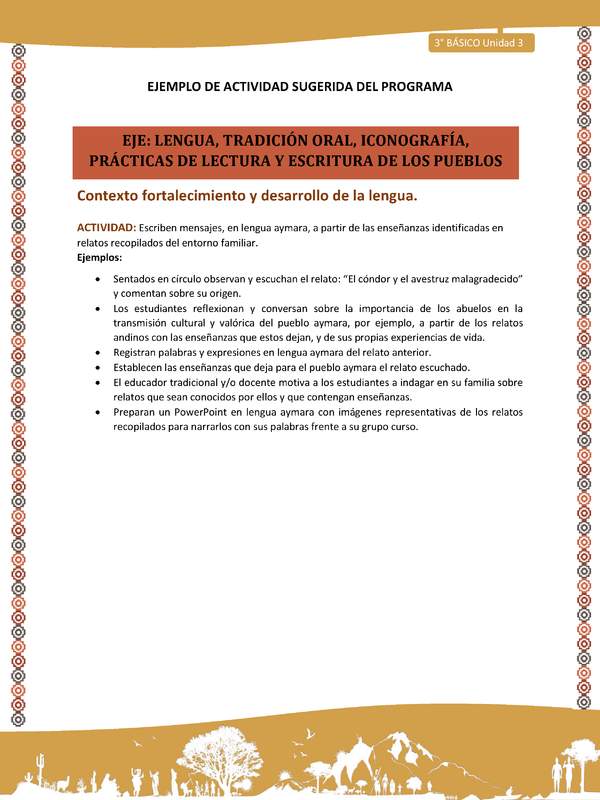 09-Actividad Sugerida LC03-U03-LF03;LF05-Escriben mensajes, en lengua aymara, a partir de las enseñanzas identificadas en relatos recopilados del entorno familiar.