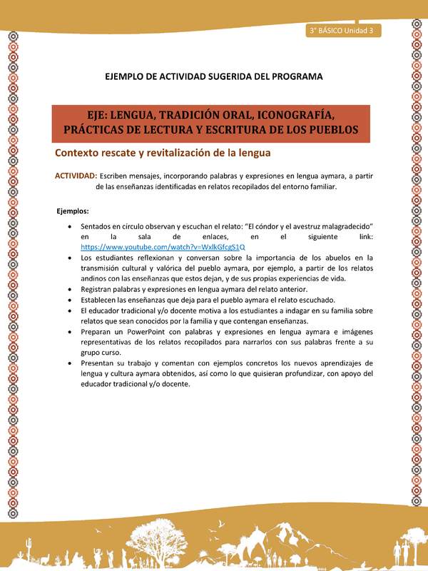 06-Actividad Sugerida LC03-U03-LR03;LR05-Escriben mensajes, incorporando palabras y expresiones en lengua aymara, a partir de las enseñanzas identificadas en relatos recopilados del entorno familiar.