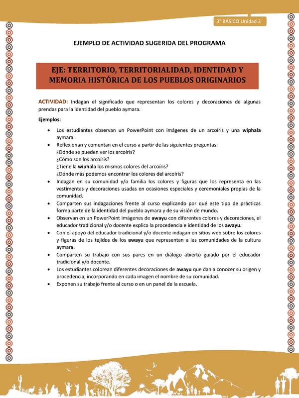 11-Actividad Sugerida LC03-U03-OA08-Indagan el significado que representan los colores y decoraciones de algunas prendas para la identidad del pueblo aymara.