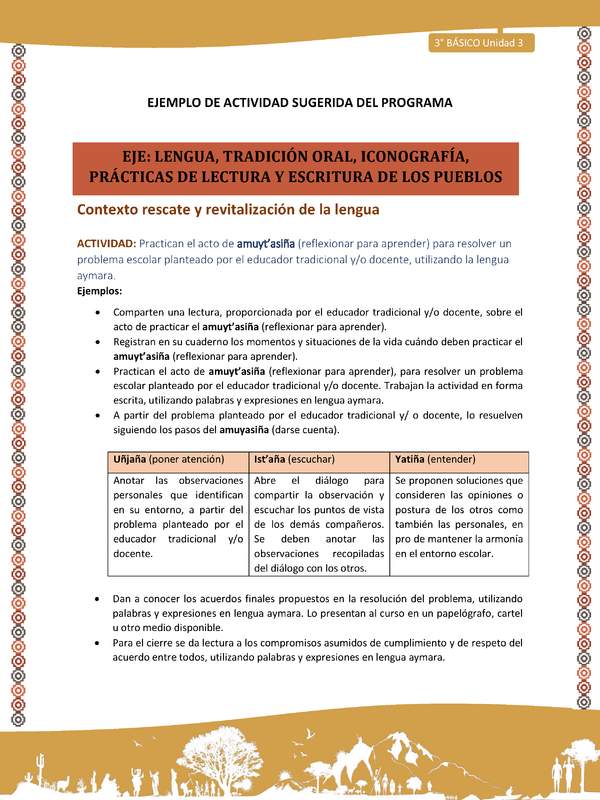 05-Actividad Sugerida LC03-U03-LR03:LS05-Practican el acto de amuyt’asiña (reflexionar para aprender) para resolver un problema escolar planteado por el educador tradicional y/o docente, utilizando la lengua aymara.