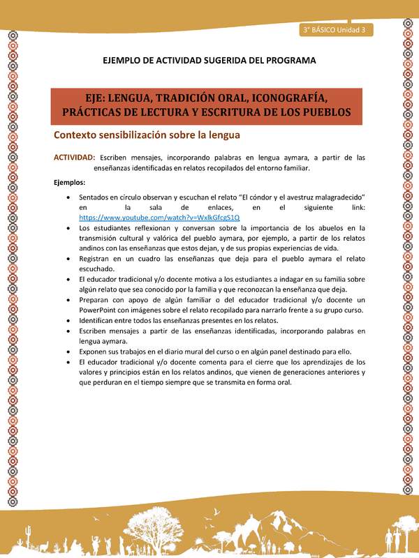 03-Actividad Sugerida LC03-U03-LS03;LS05-Escriben mensajes, incorporando palabras en lengua aymara, a partir de las enseñanzas identificadas en relatos recopilados del entorno familiar.