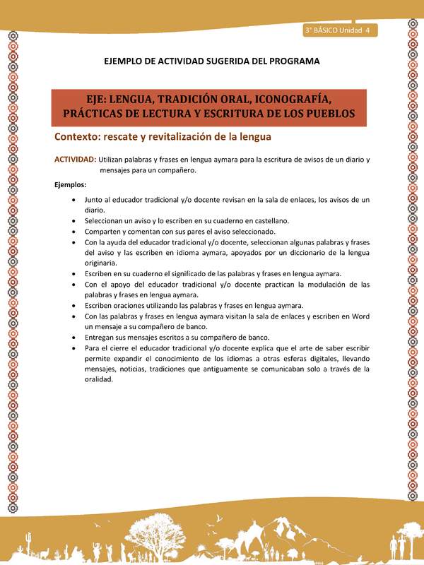 06-Actividad Sugerida LC03-U03 -AYM-LR04-Utilizan palabras y frases en lengua aymara para la escritura de avisos de un diario y mensajes para un compañero.