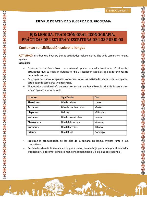02-Actividad Sugerida LC03-U03 -AYM-LS04- Escriben una bitácora de sus actividades incluyendo los días de la semana en lengua aymara