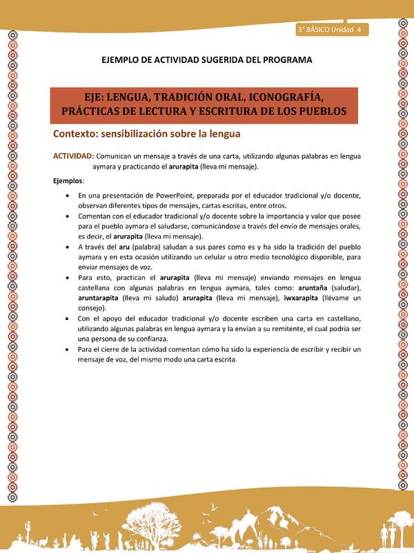 04-Actividad Sugerida LC03-U03-LS04-Comunican un mensaje a través de una carta, utilizando algunas palabras en lengua aymara y practicando el arurapita (lleva mi mensaje).