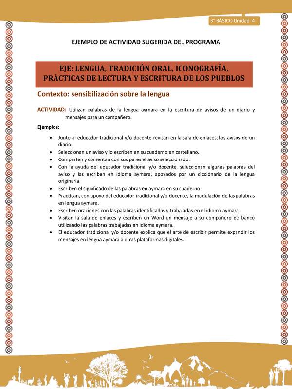 03-Actividad Sugerida LC03-U03 -AYM-LS04-Utilizan palabras de la lengua aymara en la escritura de avisos de un diario y mensajes para un compañero.