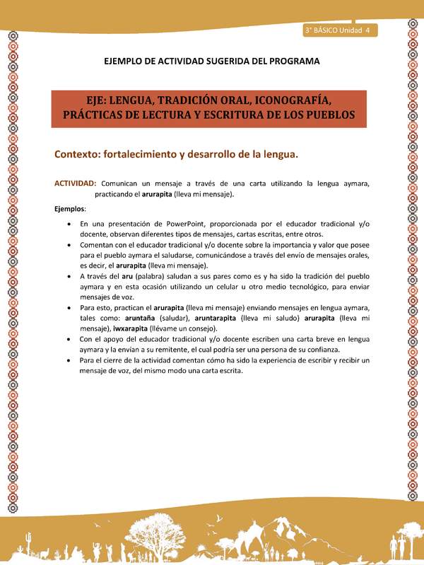 10-Actividad Sugerida LC03-U03 -AYM-LF04-Comunican un mensaje a través de una carta utilizando la lengua aymara, practicando el arurapita (lleva mi mensaje).