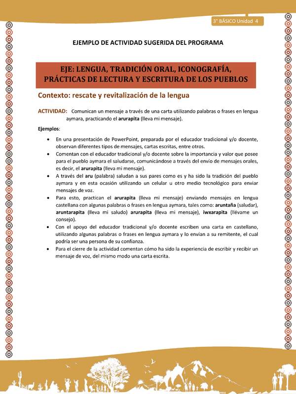 07-Actividad Sugerida LC03-U03 -AYM-LR04-Comunican un mensaje a través de una carta utilizando palabras o frases en lengua aymara, practicando el arurapita (lleva mi mensaje).