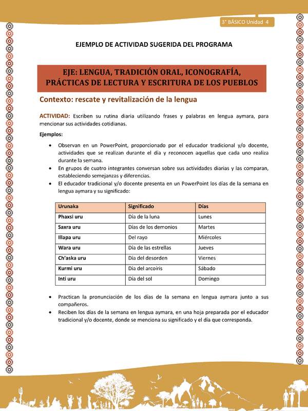 05-Actividad Sugerida LC03-U03 -AYM-LR04-Escriben su rutina diaria utilizando frases y palabras en lengua aymara, para mencionar sus actividades cotidianas.