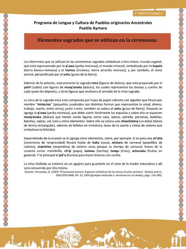 15-Orientaciones al docente - LC03 - Aymara - U01 -Elementos sagrados que se utilizan en la ceremonia