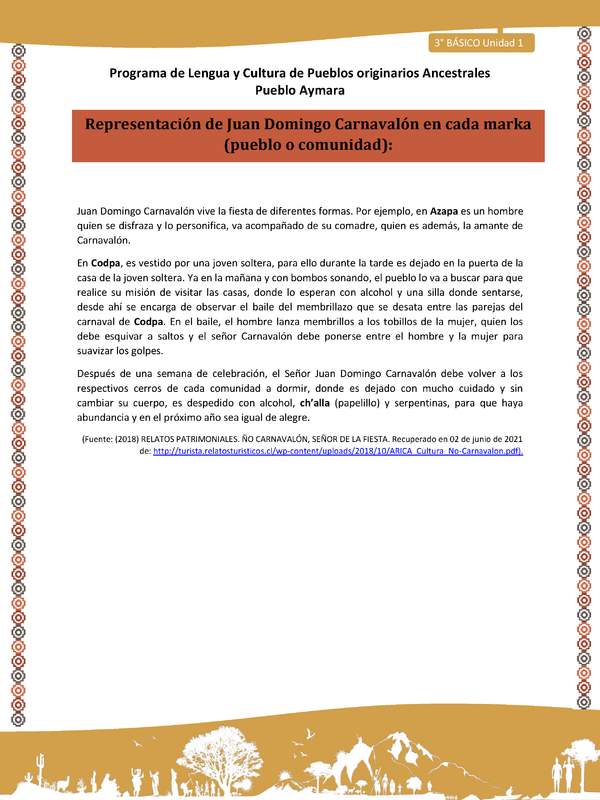 04-Orientaciones al docente - LC03 - Aymara - U01 -Representación de Juan Domingo Carnavalón en cada marka (pueblo o comunidad)