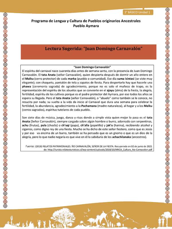 03-Orientaciones al docente - LC03 - Aymara - U01 -Lectura Sugerida: “Juan Domingo Carnavalón”