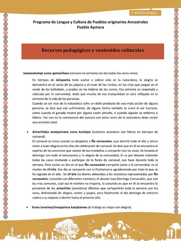 02-Orientaciones al docente - LC03 - Aymara - U01 -Recursos pedagógicos y contenidos culturales